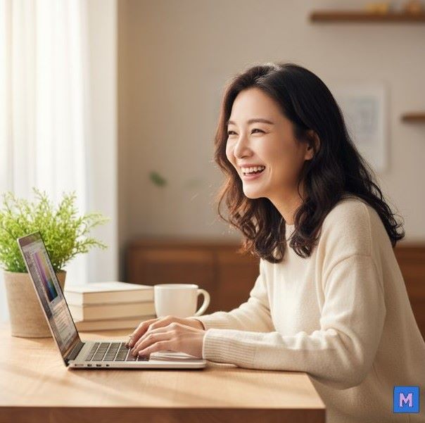 재택근무로 제휴마케팅 하는 여성 - 블로그 수익화 성공 사례 via Gemini