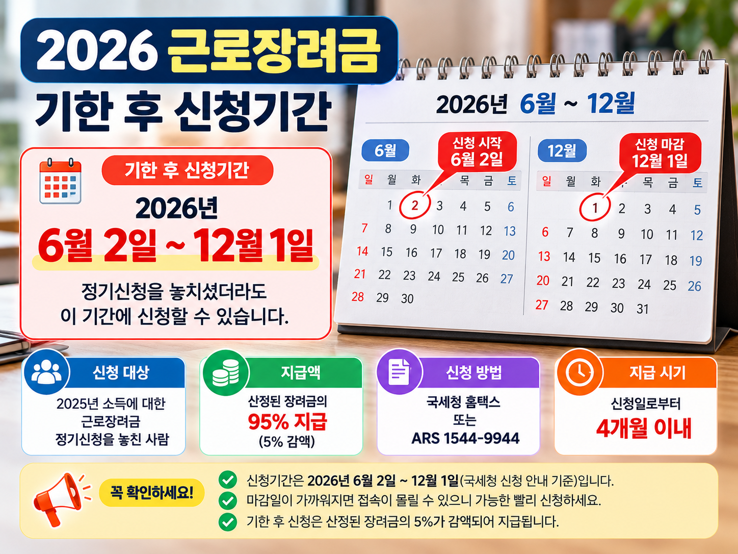 2026 근로장려금 기한 후 신청기간을 표시한 달력 인포그래픽