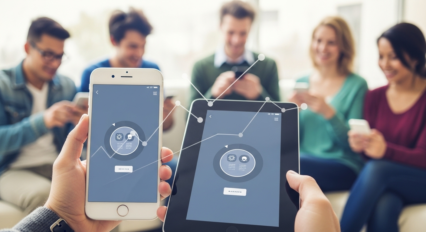 성공적으로 출시된 앱이 스마트폰과 태블릿에 선명하게 표시되고, 여러 사용자가 앱을 활용하는 모습. 앱 출시 후의 성장과 사용자 만족도를 표현.