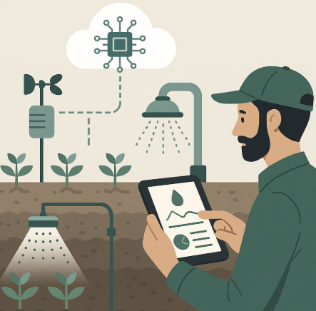 작물 성장 패턴 분석을 표현한 인포그래픽. 토양 센서와 드론이 데이터를 수집하고, 클라우드 AI가 이를 분석해 성장 그래프와 예측 모델을 생성하며, 농민이 스마트 기기에서 이를 확인하는 과정을 시각화한 이미지.