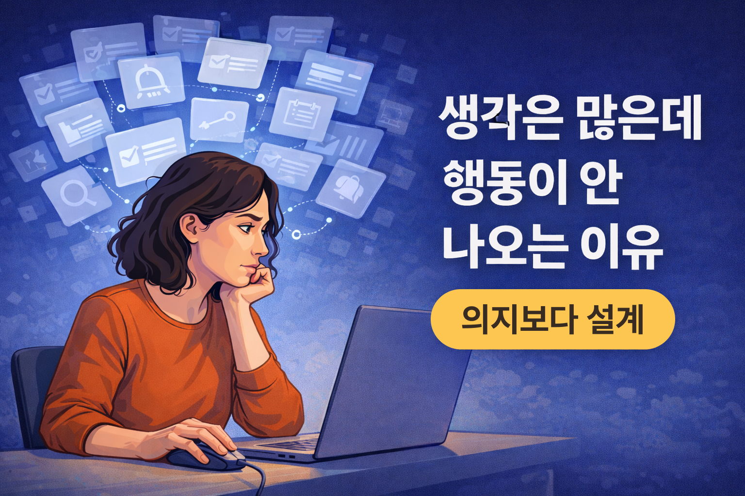 생각이 많아 멈춰 선 여성과 쌓인 선택 카드 일러스트