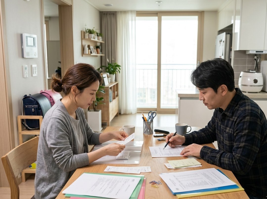 식탁에서 영수증과 서류를 정리하는 부부