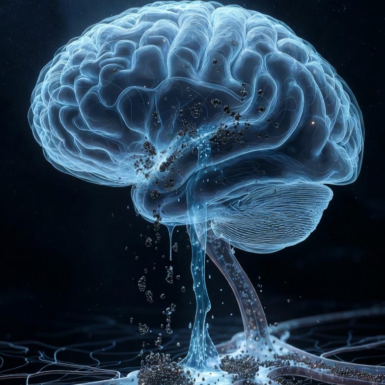 잠자는 동안 뇌척수액이 뇌를 세척하고 뇌막 림프관을 통해 노폐물을 내보내는 과정을 보여주는 과학적 메디컬 일러스트