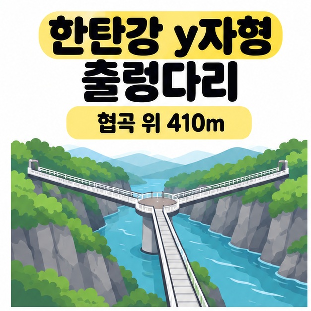 한탄강 y자형 출렁다리 제목과 협곡 위 410m 문구 아래 강과 절벽 사이에서 세 갈래로 만나는 다리를 그린 삽화