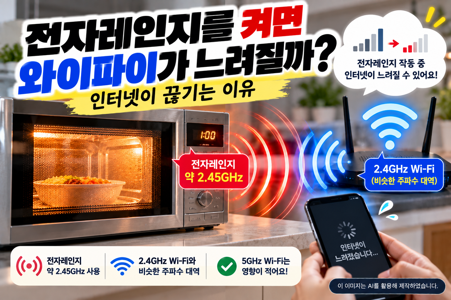 전자레인지 작동 시 2.4GHz 와이파이 신호가 간섭받아 인터넷이 느려질 수 있는 이유