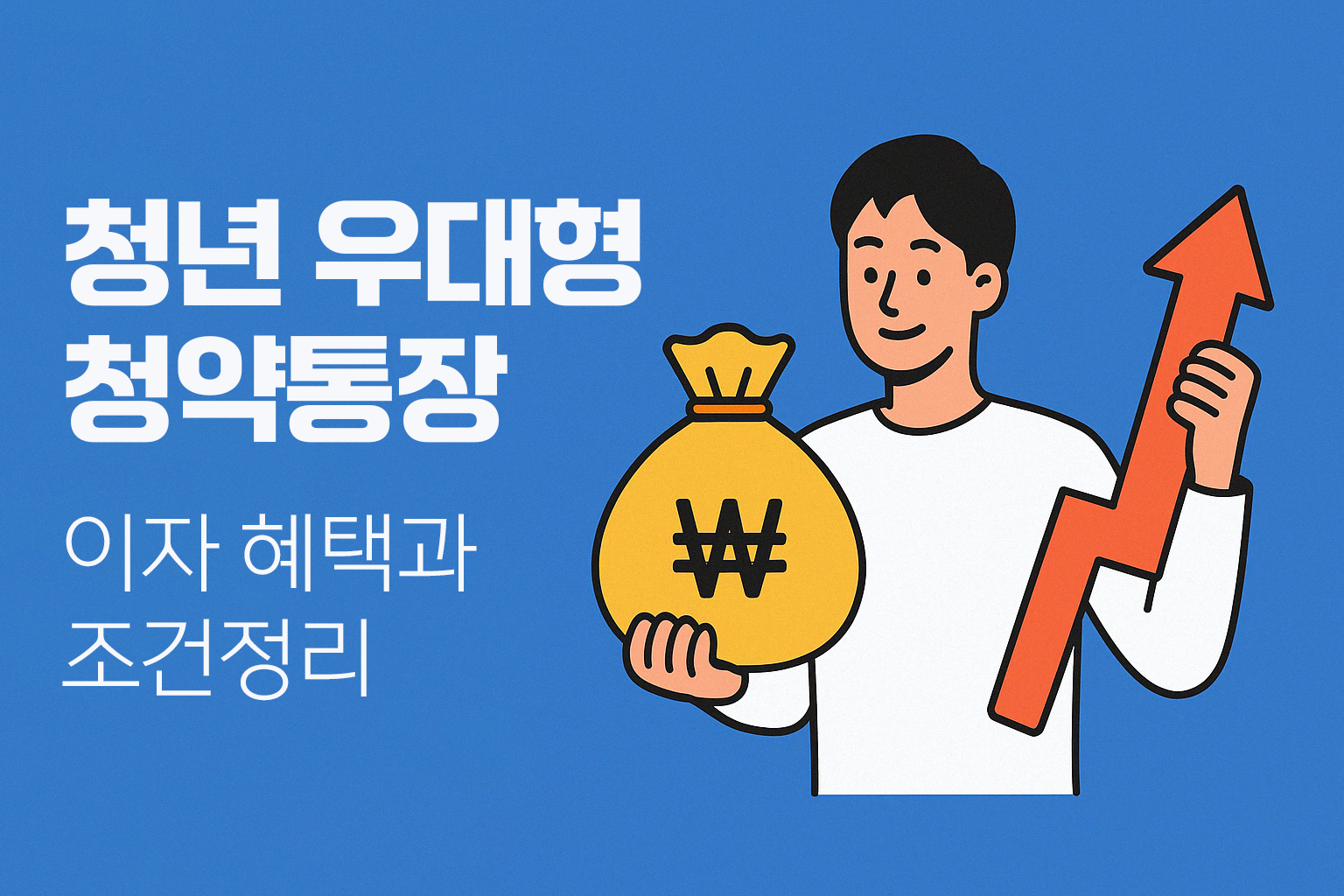 청년 우대형 청약통장 &ndash; 이자 혜택과 조건 정리 - 파란 배경에 왼쪽은 정보 텍스트, 오른쪽은 돈자루와 상승 화살표를 들고 있는 청년 일러스트가 포함된 정보 이미지