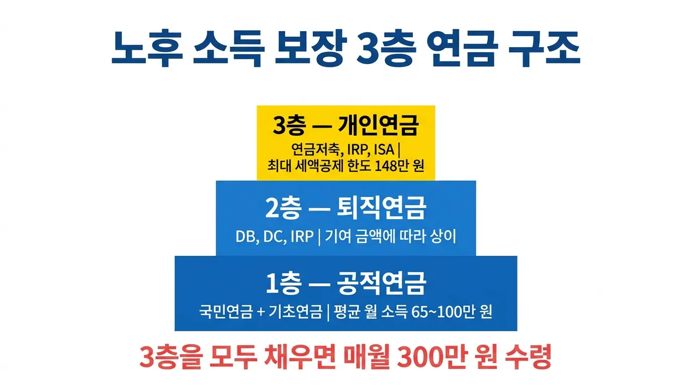 노후 3층 연금 구조 국민연금 퇴직연금 개인연금 인포그래픽