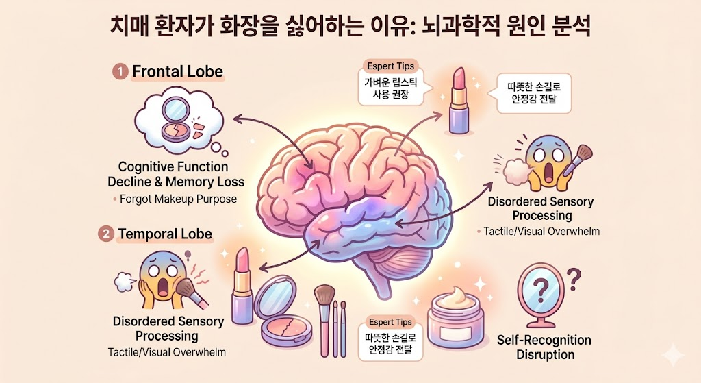 뇌의 인지 기능 영역(전두엽 등)이 강조된 일러스트와 함께 화장품 도구들이 부드러운 파스텔 톤으로 배치된 전문적인 느낌의 이미지.