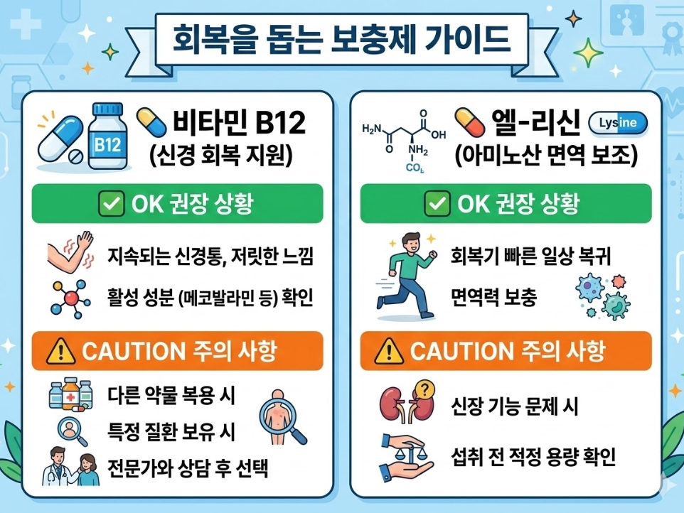 대상포진 회복기 보충제 가이드: 비타민 B12 신경 회복 지원과 엘리신 면역 보조 기준