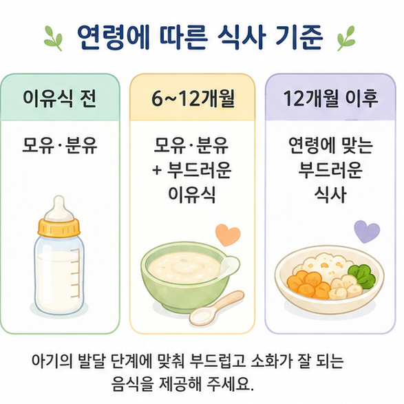 이유식 전, 6~12개월, 12개월 이후로 나누어 아기 폐렴 시 연령별 식사 구성을 보여주는 이미지