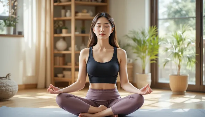 요가매트에 앉아 스트레스 해소 명상 방법 실천하는 한국인 여성