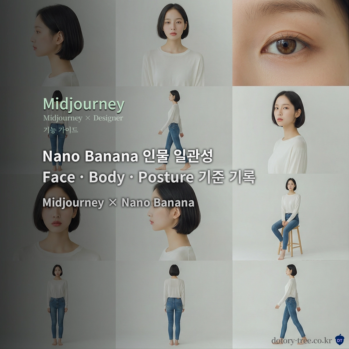 실제 인물의 Face Scale, Body Scale, Neutral Posture를 4&times;3 구성으로 비교한 12패널 일관성 그리드 이미지_Midjourney &amp; Nano Banana