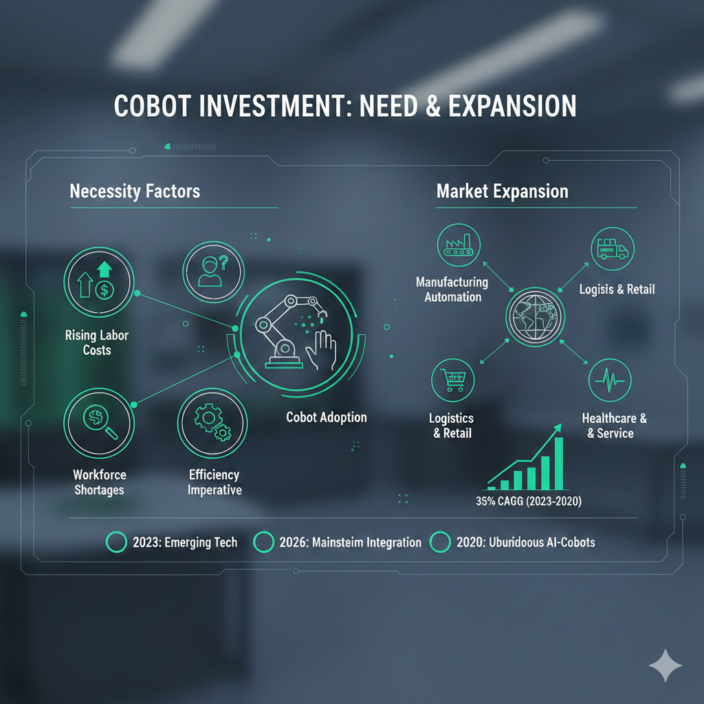 협동로봇 관련주 투자의 필요성과 시장 확장성을 나타내는 도표