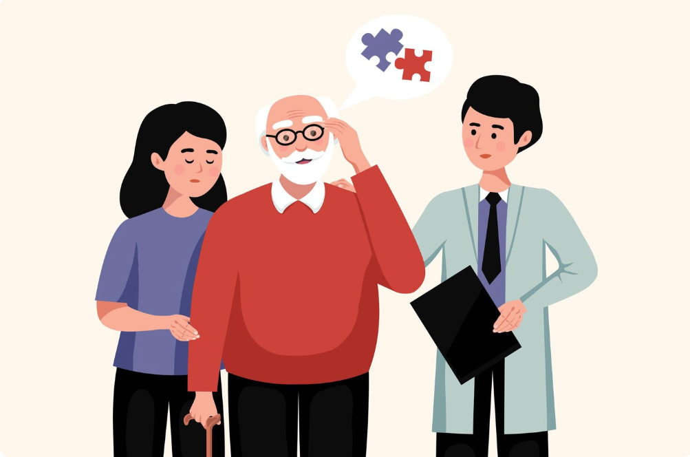 치매에 걸린 할아버지와 가족과 얘기하는 의사