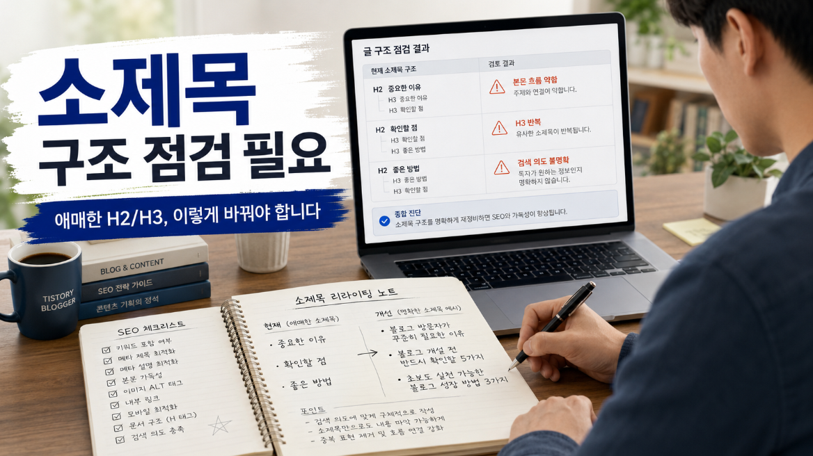 티스토리 블로그에서 모호하고 반복적인 H2 H3 소제목 구조를 수정하는 상황 이미지