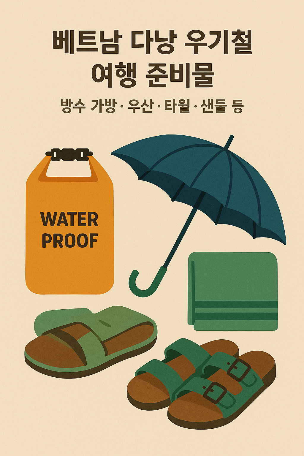 베트남 다낭 우기철 여행 준비물 - 방수 가방, 우산, 타월, 샌들 등이 배치된 생존 가이드 이미지