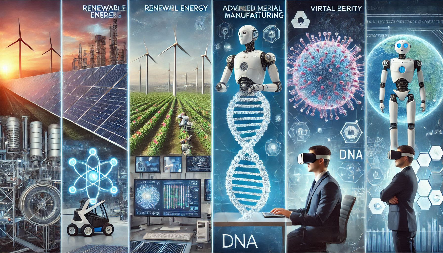 ALT 태그: &quot;2025년 주요 투자 테마를 보여주는 5분할 이미지. 재생에너지 시설, AI 로봇, 첨단 의료 연구실, 메타버스 사용자, 사이버보안 관제센터를 청색 톤으로 통일감 있게 구성