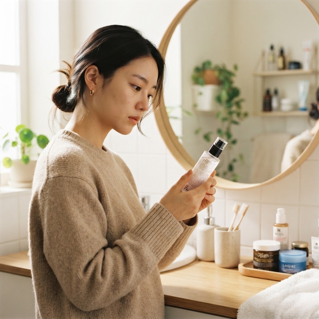 Young Korean woman reading the ingredient label on a skincare bottle, thoughtful expression, soft indoor lighting, bathroom counter setting, natural beauty photography