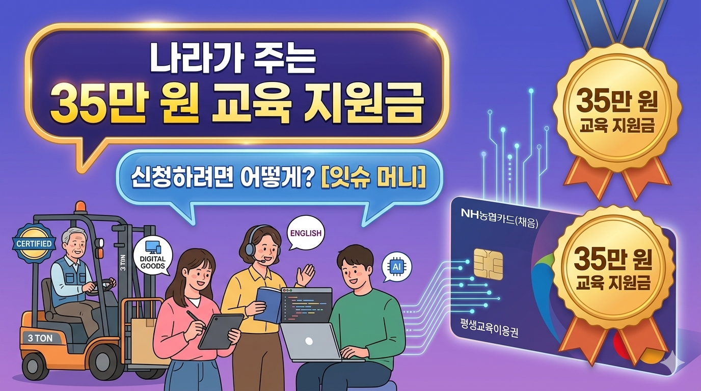 다양한 연령대의 성인이 지게차 자격증 취득, 디지털 굿즈 제작, 영어 공부, AI 코딩 등 평생교육을 받는 모습과 함께 '나라가 주는 35만 원 교육 지원금'이라는 글씨가 크게 적힌 평생교육바우처 신청 가이드 썸네일 일러스트. NH농협카드(채움) 평생교육이용권 카드와 35만 원 지원금 메달이 함께 보인다.