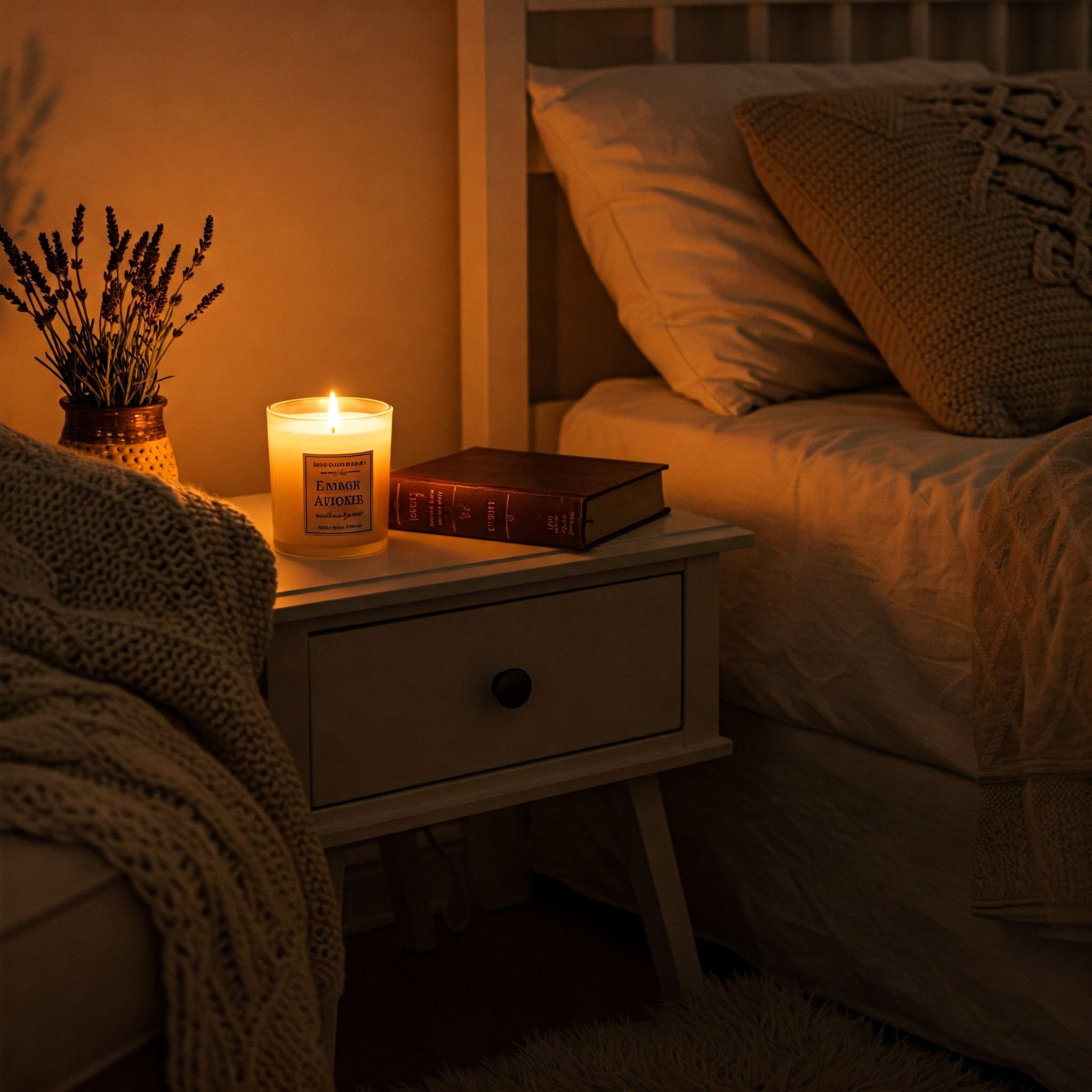 불 꺼진 방에서 라벤더 향초가 은은히 피어오르고, 침대 옆 탁자에 책 한 권이 놓인 장면 — 따뜻한 색감, 고요한 분위기, 포근한 질감 강조