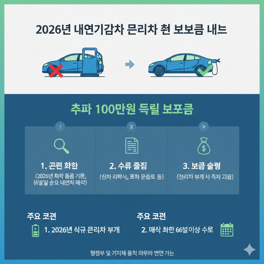 2026년 내연차 매각 후 전기차 구매 시 100만원 추가 보조금 수령 절차 및 조건을 안내하는 인포그래픽.
