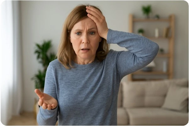 휴대폰을 찾으며 당황하는 중년 여성의 건망증 상황