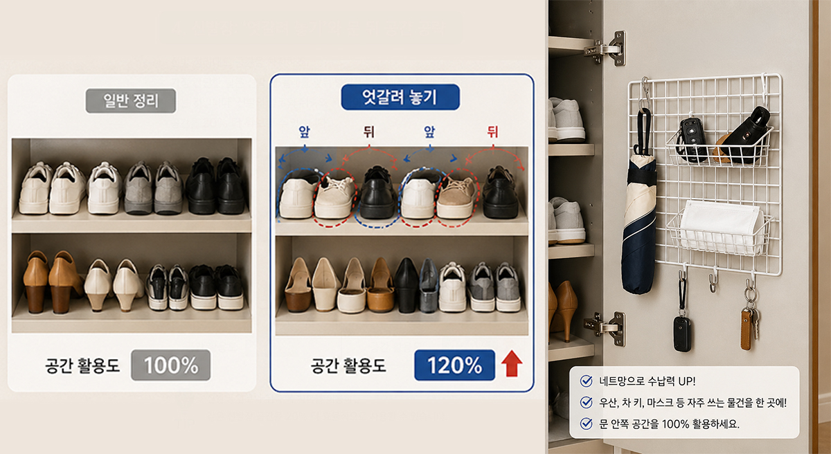 신발장 공간을 확장하는 간단한 방법으로 수납랙을 걸고 신발을 엇갈려 두어 활용도 차이를 표현한 이미지