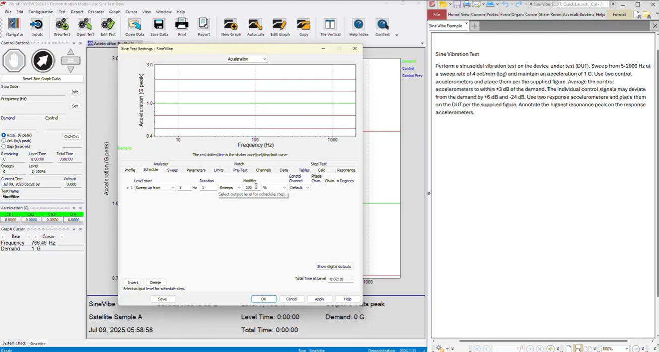VibrationVIEW 사인 진동 시험 설정 화면, 팜테크 FAMTECH, SINE vibration Tester, Controller, Shaker