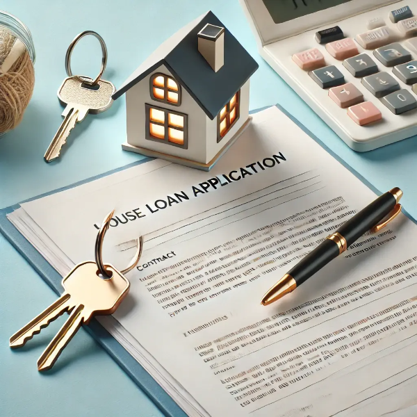 주택 대출 신청을 상징하는 계약서, 열쇠, 미니어처 하우스, 펜이 정돈된 스튜디오 컷