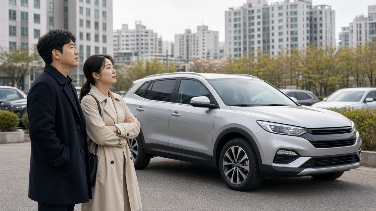 자동차 전시장에서 새 SUV 외관을 살펴보는 한국인 부부