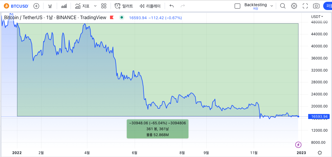 2022년 비트코인(BTC) 암호화폐 차트