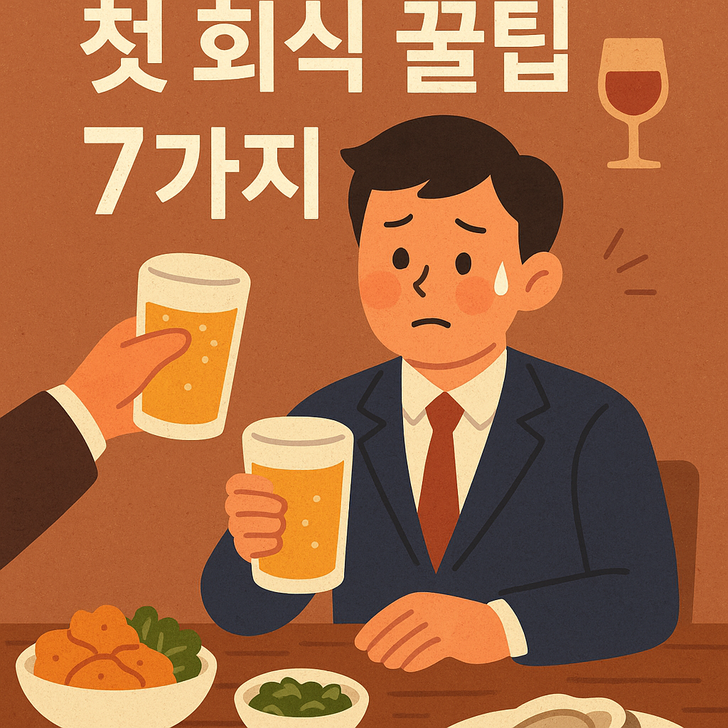 땀을 흘리며 긴장한 표정으로 맥주잔을 들고 있는 사회초년생 남성이 앉아 있고, 옆에서는 누군가 건배를 제안하는 장면이 담긴 '첫 회식 꿀팁 7가지' 썸네일 일러스트