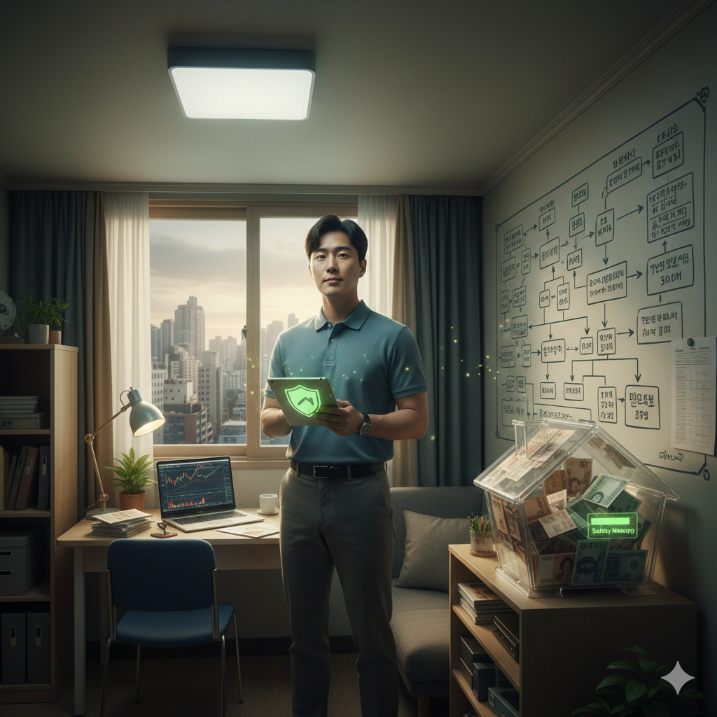 거센 파도가 치고 천둥 번개가 몰아치는 바다 한가운데 작은 풀밭 섬에서 한 한국인 여성이 앉아 태블릿을 사용하고 있어요. 그녀의 앞에는 금화가 가득 담긴 투명한 유리 케이스와 상자들이 쌓여 있고, 녹색 방패 모양의 보호막이 자산을 지키고 있어요. 주변에는 지폐와 신용카드가 폭풍우 속에서 흩날리고 있어요. 이는 금융 시장의 폭풍우 속에서 안전마진을 지키는 모습을 상징해요.