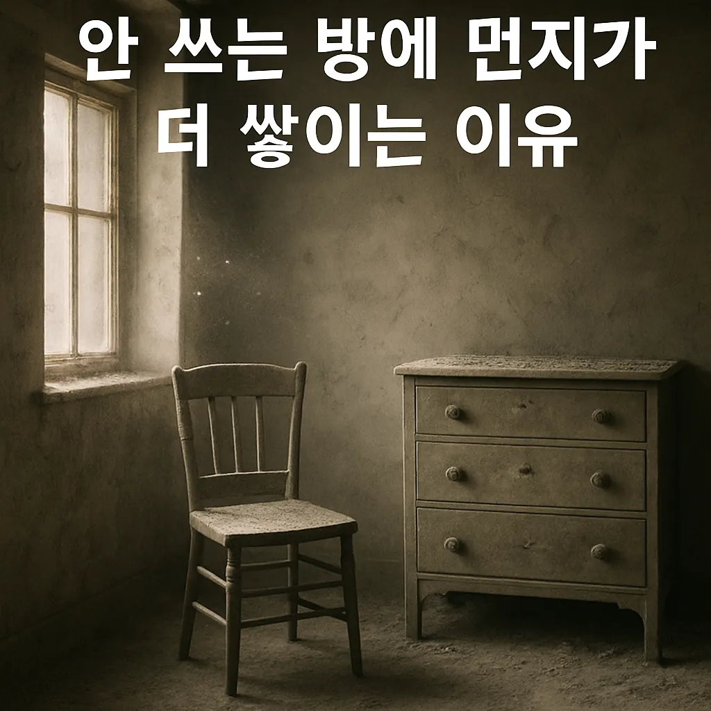 오래 사용하지 않은 방 안에 먼지가 쌓인 의자와 서랍장이 햇빛 속에 놓여 있는 모습