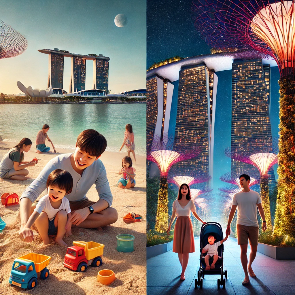 센토사 해변에서 모래놀이하는 아이, 마리나베이 야경 속 가족이 손잡고 걷는 모습