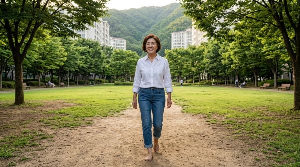 50대 한국여인이 나무와 잔디가 가득한 공원을 맨발로 웃으며 걷고 있는 생성한 이미지.