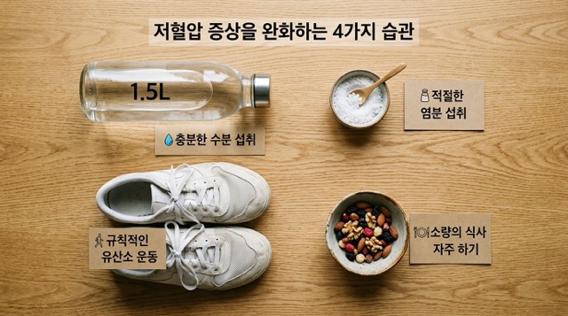 저혈압 생활 관리 수분 섭취 염분 적당히 규칙적 운동 천천히 일어나기"