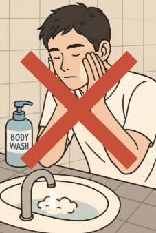 바디워시로 세안하는 남자의 이미지