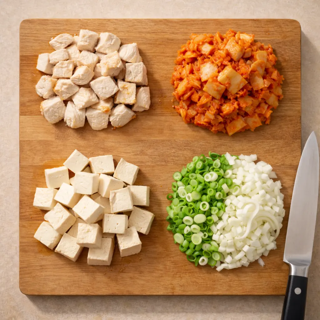 깍둑 썬 두부와 한입 크기 닭가슴살, 잘게 썬 김치와 대파&middot;양파가 도마 위에 준비된 상태