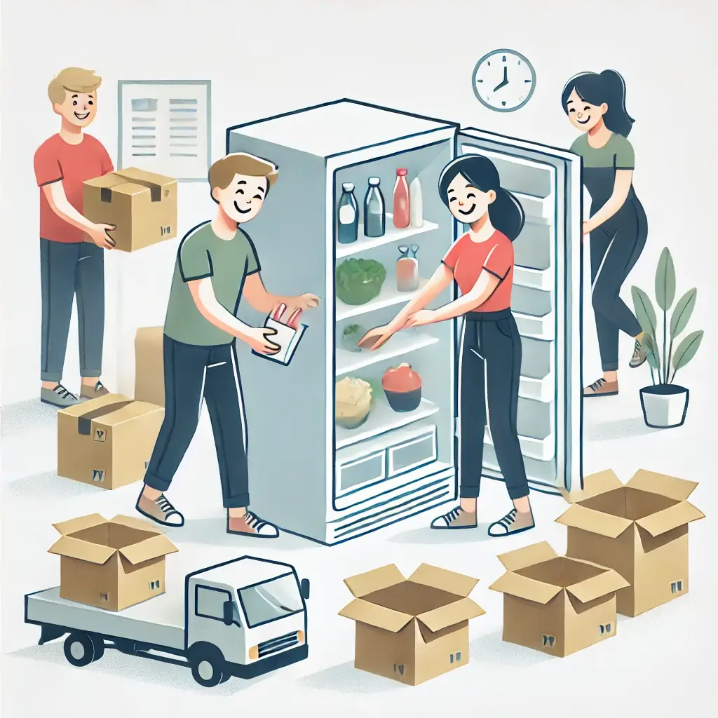 이사를 준비하며 냉장고 음식을 정리하는 가족의 모습.