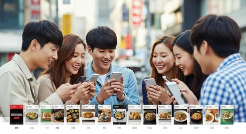 밝고 활기찬 분위기&amp;#44; 스마트폰으로 배달앱을 사용하는 한국인