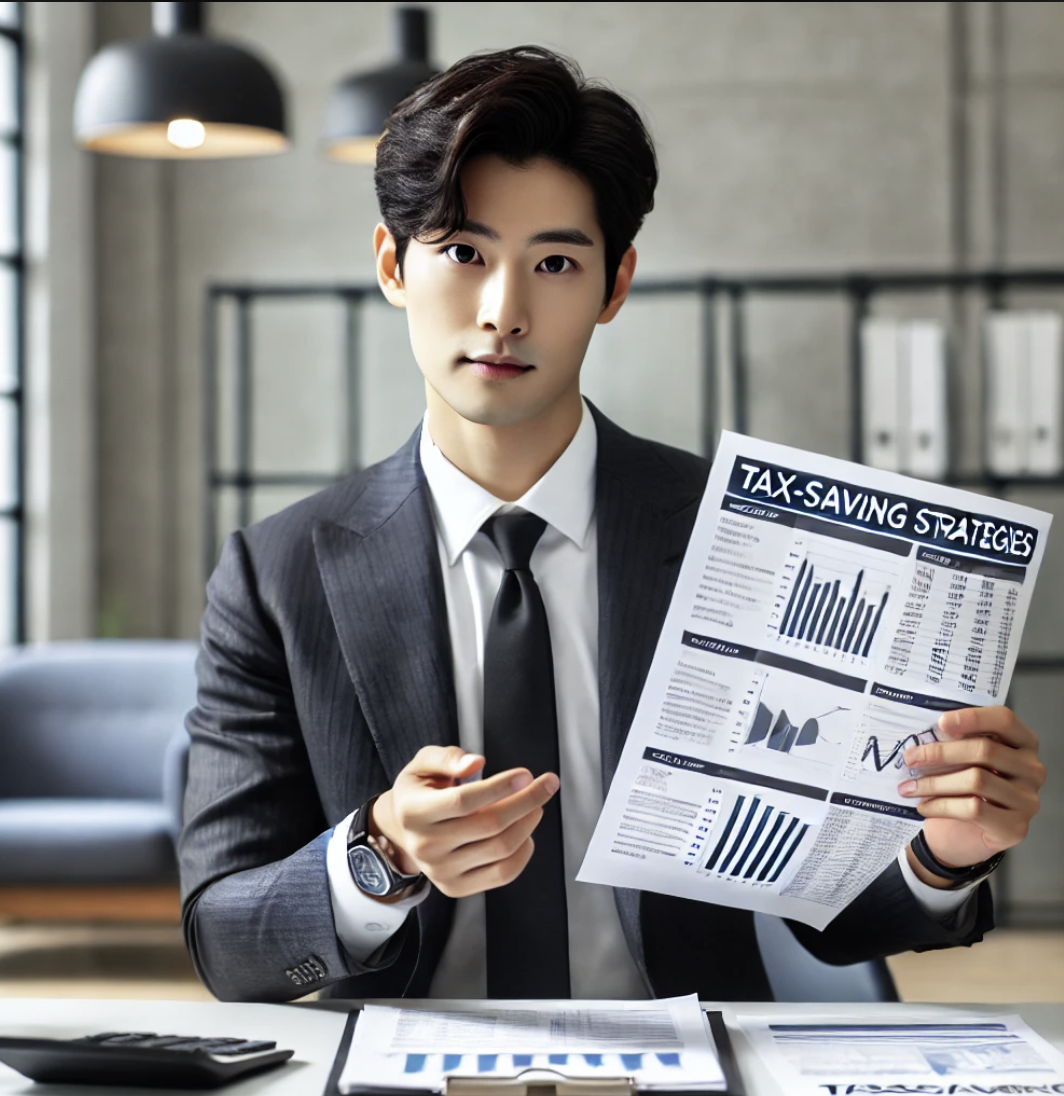 금융 컨설턴트가 문서와 차트를 활용해 절세 전략을 설명하는 모습