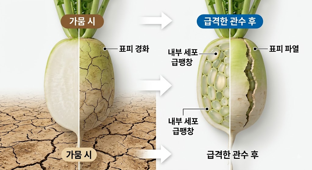 가뭄 시 표피 경화와 급격한 관수 후 내부 세포 급팽창으로 무가 터지는 과정을 나타낸 인포그래픽