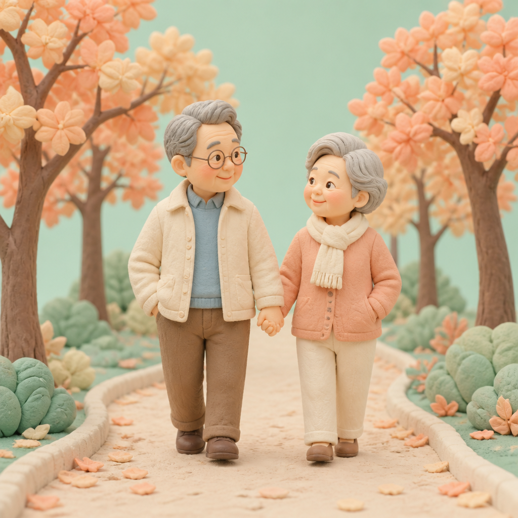 공원 산책길에서 손을 잡고 걷는 노부부