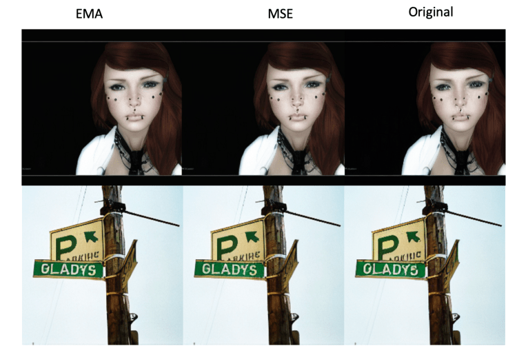 EMA&#44; MSE 및 원래의 디코더간 비교(소스: stability.ai&#44; 256x256 이미지)