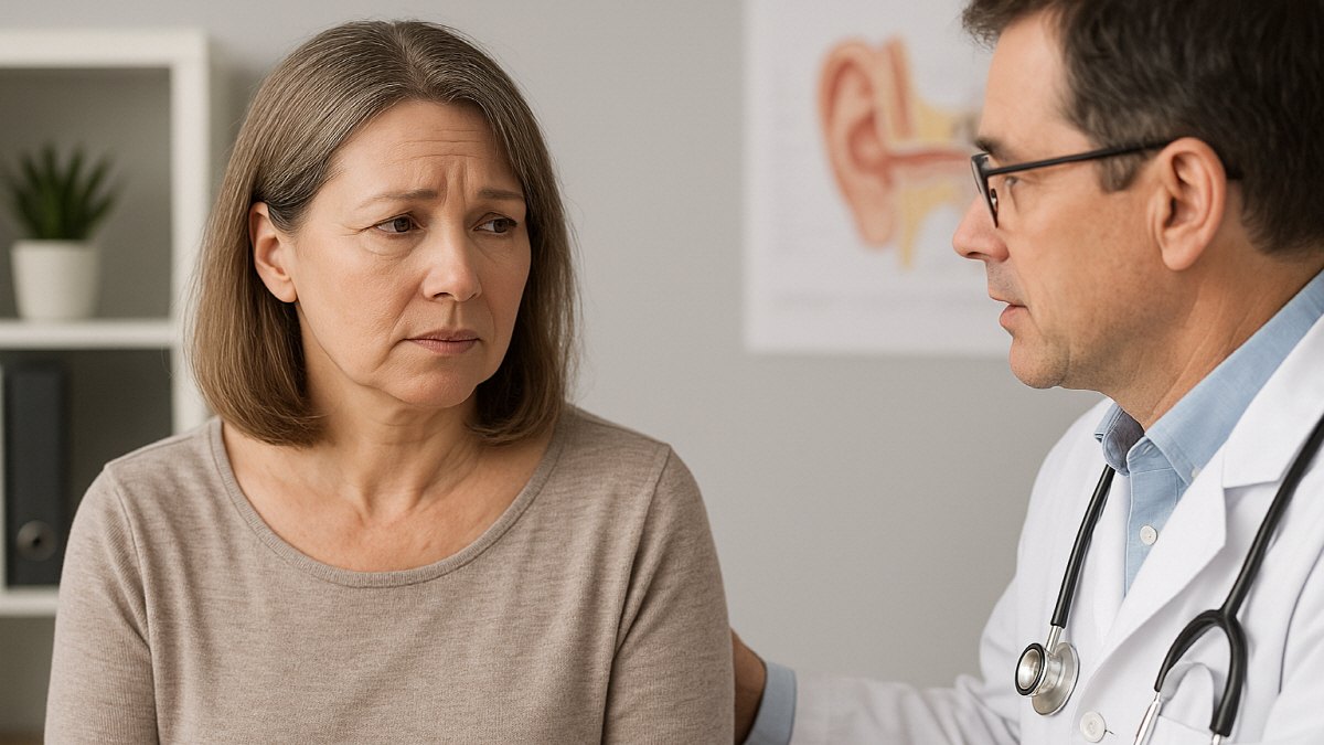 중년 여성이 이석증 증상으로 병원에서 진료 상담을 받고 있는 장면