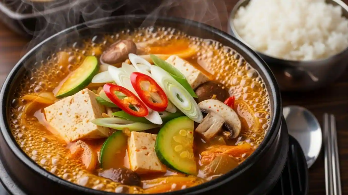 된장째개에 두부, 버섯, 호박, 각종 채소가 들어 있는 모습