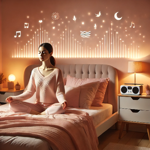 명상과 힐링 음악을 즐기는 여자를 표현한 이미지