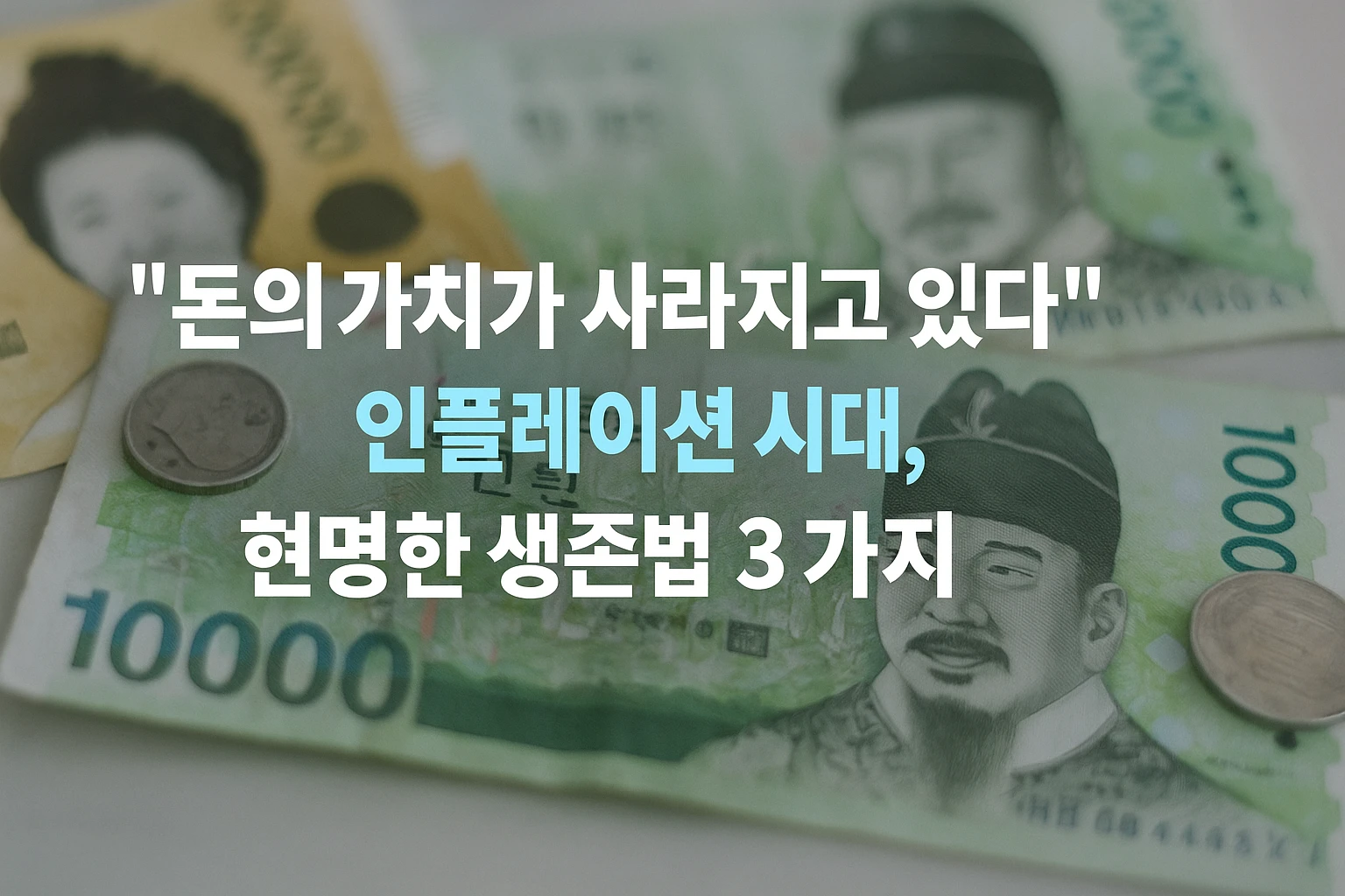 흐릿한 지폐와 동전 배경 위에 &lsquo;돈의 가치가 사라지고 있다 인플레이션 시대, 현명한 생존법 3가지&rsquo; 문구가 있는 경제 블로그용 가로형 대표 이미지