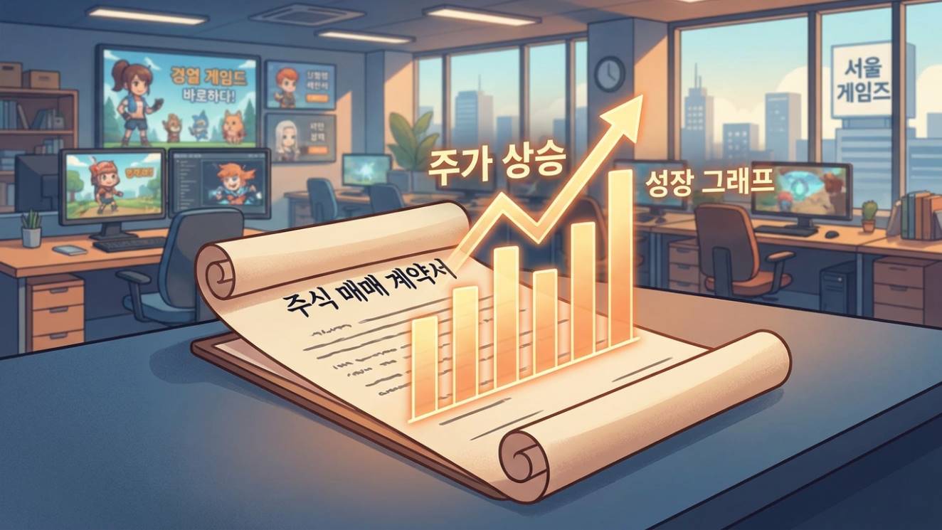 한국 게임회사 사무실 배경에 주식 매매 계약서와 상승하는 그래프가 겹쳐진 비즈니스 일러스트